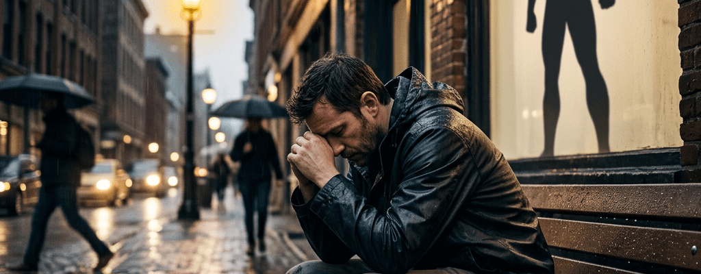 Man sitting on bench with superhero shadow on wall behind