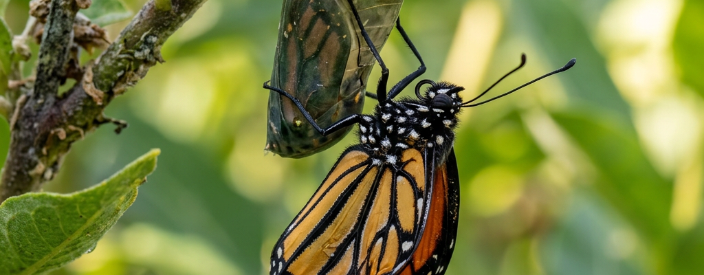 Monarch butterfly hanging from chrysalis on a leafy branch