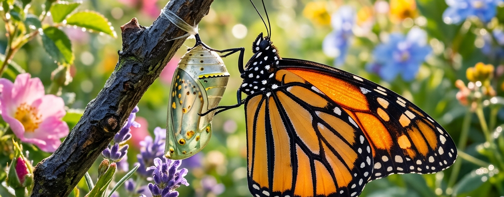 Monarch butterfly beside its chrysalis among colorful garden flowers